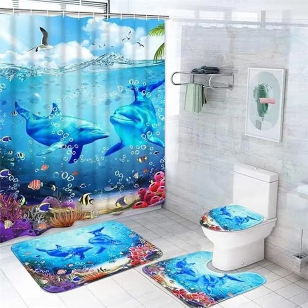4Pcs Blue Ocean Dolphin Shower Curtain Sets with Rugs,Toilet Lid Cover & BathMat